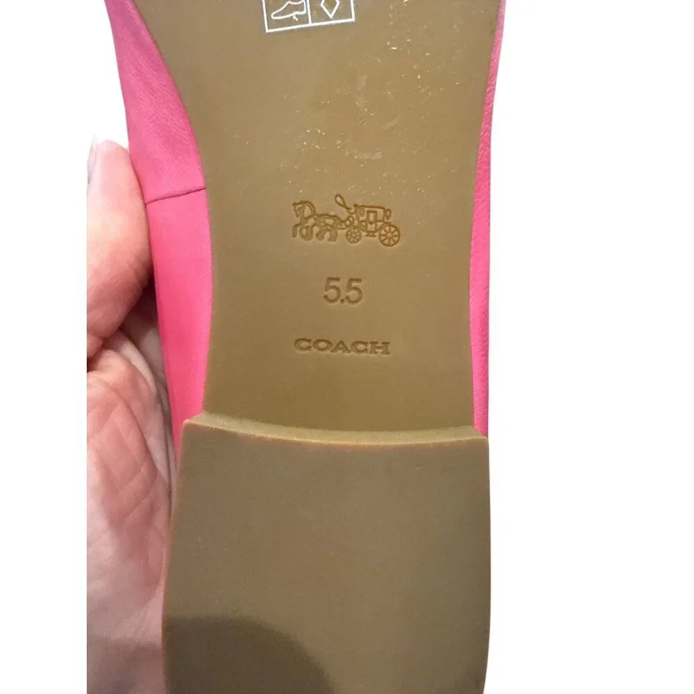 Coach Womens Pink Leather Ballet Flats Sz 5.5 Pointed Toe Bow Gold Hardware EUC